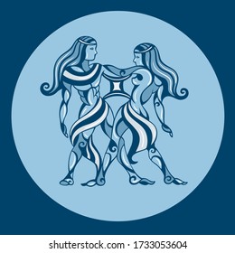 Zodiac Gemini stylization art for merchandise, posters or apparel design. Gemini zodiac vector illustration on blue background. Astrological horoscope sign.