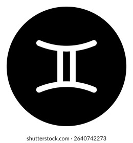 A zodiac gemini symbol in the center. Isolated white symbol in black circle. Vector illustration on white background