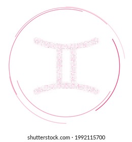 The zodiac gemini symbol filled with pink dots. Pointillism style. Vector illustration on white background