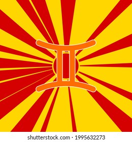 Zodiac gemini symbol on a background of red flash explosion radial lines. The large orange symbol is located in the center of the sun, symbolizing the sunrise. Vector illustration on yellow background