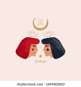 Zodiac girl Gemini characters. Space head sign. Vector illustration.