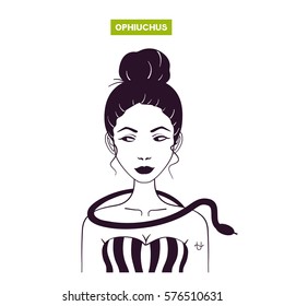 Zodiac girl illustration. Black and white color avatar. Young beautiful cartoon woman. Isolated from white background. Astrology symbol of zodiac sign Ophiuchus.