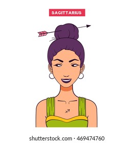Zodiac girl illustration. Color avatar. Young beautiful cartoon woman. Isolated from white background. Astrology symbol of zodiac sign Sagittarius.
