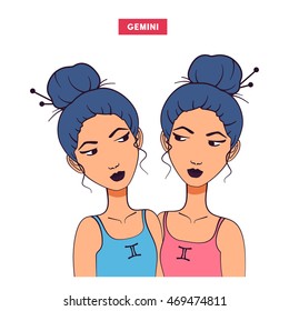 Zodiac girl illustration. Color avatar. Young beautiful cartoon woman. Isolated from white background. Astrology symbol of zodiac sign Gemini.