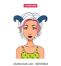 Zodiac girl illustration. Color avatar. Young beautiful cartoon woman. Isolated from white background. Astrology symbol of zodiac sign Capricorn.