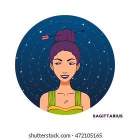 Zodiac girl illustration. Color avatar. Young beautiful cartoon woman. Night star sky background in circle shape. Astrology symbol of zodiac sign Sagittarius.