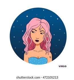 Zodiac girl illustration. Color avatar. Young beautiful cartoon woman. Night star sky background in circle shape. Astrology symbol of zodiac sign Virgo.