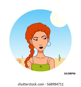 Zodiac girl illustration. Color avatar. Young beautiful cartoon woman. Summer savanna sky background in circle shape. Astrology symbol of zodiac sign Scorpio.
