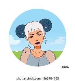 Zodiac girl illustration. Color avatar. Young beautiful cartoon woman. Summer and field sky background in circle shape. Astrology symbol of zodiac sign Aries.