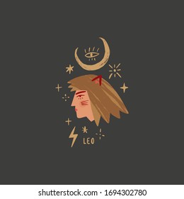 Zodiac girl Leo character. Space head sign. Vector illustration.