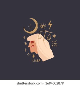 Zodiac girl Libra character. Space head sign. Vector illustration.