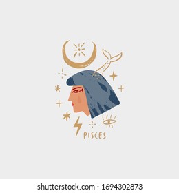 Zodiac girl Pisces character. Space head sign. Vector illustration.