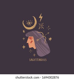 Carácter sagitario zodiaco. Signo de cabeza espacial. Ilustración vectorial.