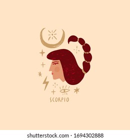 Zodiac girl Scorpio character. Space head sign. Vector illustration.