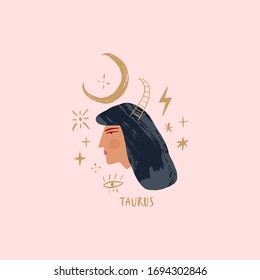 Zodiac girl Taurus character. Space head sign. Vector illustration.