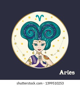 Zodiac Girl Vector Sign. Cartoon Aries astrology round badge illustration. Horoscope drawing. Fashion icon.