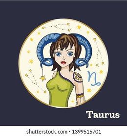 Zodiac Girl Vector Sign. Cartoon Taurus astrology round badge illustration. Horoscope drawing.
