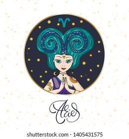 Zodiac Girl Vector Sign. Cartoon Aries astrology round badge illustration. Horoscope drawing. Fashion icon.