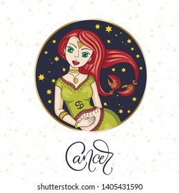 Zodiac Girl Vector Sign. Cartoon Cancer astrology round badge illustration. Horoscope drawing.