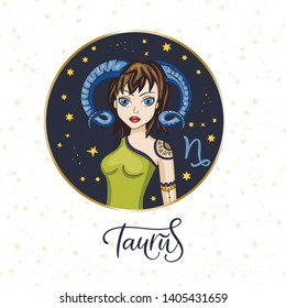 Zodiac Girl Vector Sign. Cartoon Taurus astrology round badge illustration. Horoscope drawing.