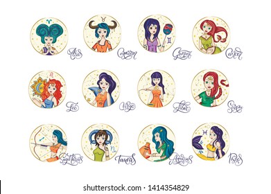 Zodiac Girl Vector Sign collection. Cartoon astrology illustration. Horoscope icon set.