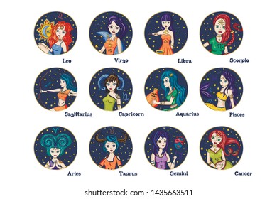 Zodiac Girl Vector Sign collection. Cartoon astrology illustration. Horoscope icon set.