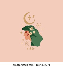 Zodiac girl Virgo character. Space head sign. Vector illustration.