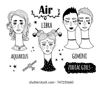 Zodiac girls. The Air element. Hand drawn vector set. Everything is isolated