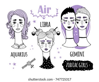Zodiac girls. The Air element. Hand drawn colored vector set. Everything is isolated