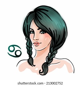 Zodiac Girls: Cancer zodiac sign as a beautiful girl. Ink and watercolor fashion zodiac vector illustration. 