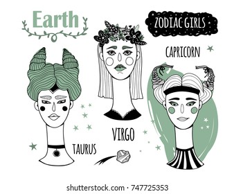 Zodiac girls. The Earth element. Hand drawn colored vector set. Everything is isolated