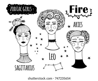 Zodiac girls. The Fire element. Hand drawn vector set. Everything is isolated