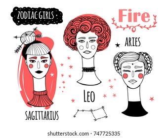 Zodiac girls. The Fire element. Hand drawn colored vector set. Everything is isolated