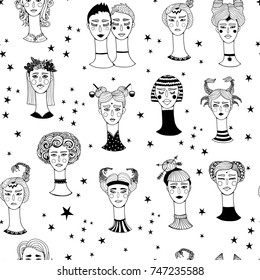 Zodiac girls. Four elements. Hand drawn vector seamless pattern