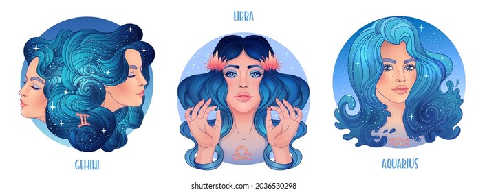 Zodiac girls set: Air. Vector illustration of Aquarius, Gemini, and Libra astrological signs as a beautiful woman. Future telling, horoscope, alchemy, spirituality, occultism, fashion. 