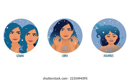 Zodiac girls set: Air. Vector illustration of Aquarius, Gemini, and Libra astrological signs as a beautiful woman. Future telling, horoscope, alchemy, spirituality, occultism, fashion.