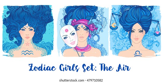 Zodiac girls set: Air. Vector illustration of Aquarius, Gemini, Libra astrological signs as a beautiful woman. Future telling, horoscope, alchemy, spirituality, occultism, fashion. 