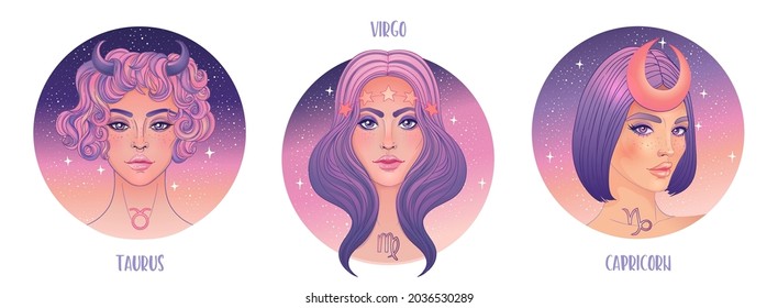 Zodiac girls set: Earth. Vector illustration of Taurus, Capricorn and  Virgo astrological signs as a beautiful woman. Future telling, horoscope, alchemy, spirituality, occultism, fashion. 
