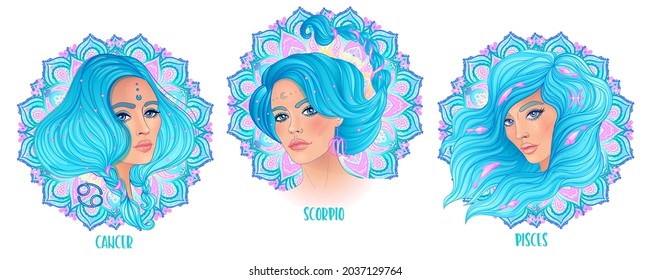 Niñas Zodiac: Tierra. Ilustración aislada vectorial de Pisces, Cáncer y Signos de Escorpio como una hermosa mujer sobre la mandala de patrón redondo ornamentado. Futuro, horóscopo, moda. 