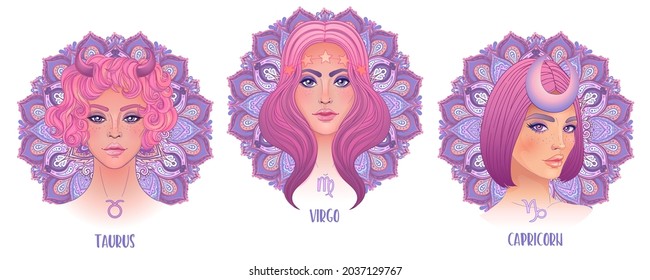 Niñas Zodiac: Tierra. Ilustración vectorial aislada de Taurus, Capricornio y Virgo de signos estrológicos como una mujer hermosa sobre mandala de patrón redondo ornamental. Futuro, horóscopo, moda. 