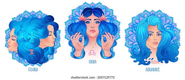 Zodiac girls set: Earth. Vector isolated illustration of Aquarius, Gemini, and Libra strological signs as a beautiful woman over ornate round pattern mandala. Future telling, horoscope, fashion. 