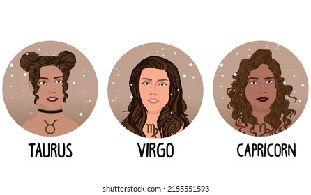 Zodiac girls set: Earth. Vector illustration of Taurus, Capricorn and Virgo astrological signs as a beautiful woman. Future telling, horoscope, alchemy, spirituality, occultism, fashion.