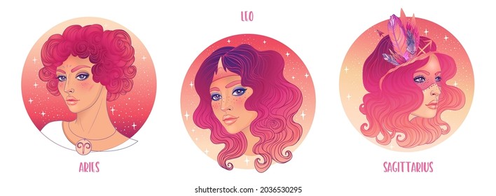 Zodiac girls set: Fire. Vector illustration of Aries, Leo and Sagittarius astrological signs as a beautiful woman. Future telling, horoscope, alchemy, spirituality, occultism, fashion. 