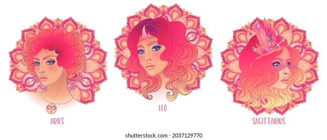 Zodiac Girls Set: Feuer. Vektor einzelne Illustration von Aries, Leo und Sagittarius astrologische Zeichen als eine schöne Frau über orangefarbenen runden Muster mandala. Zukunftsweisend, Horoskop, Mode. 