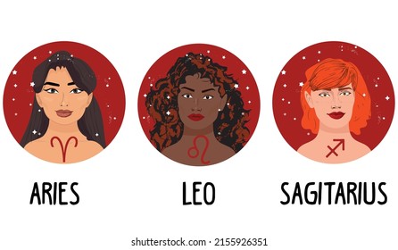 Zodiac girls set: Fire. Vector illustration of Aries, Leo and Sagittarius astrological signs as a beautiful woman. Future telling, horoscope, alchemy, spirituality, occultism, fashion.