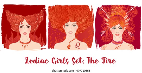 Zodiac girls set: Fire. Vector illustration of Aries, Leo and Sagittarius astrological signs as a beautiful woman. Future telling, horoscope, alchemy, spirituality, occultism, fashion. 