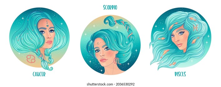 Zodiac girls set: Water. Vector illustration of Pisces, Cancer and Scorpio astrological signs as a beautiful woman. Future telling, horoscope, alchemy, spirituality, occultism, fashion. 