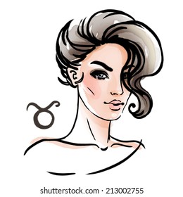 Zodiac Girls: Taurus zodiac sign as a beautiful girl. Ink and watercolor fashion zodiac vector illustration 