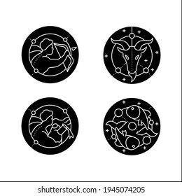 Zodiac glyph icons set. Fourth fire signs in zodiac.Birth symbols.Aquarius,sagittarius,capricorn,pisces.Horoscope signs.Astrological science.Filled flat signs. Isolated silhouette vector illustrations