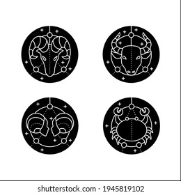Zodiac glyph icons set. Fourth fire signs in zodiac. Birth symbols.Cancer, gemini, aries, taurus. Mystic horoscope signs.Astrological science.Filled flat sign. Isolated silhouette vector illustrations